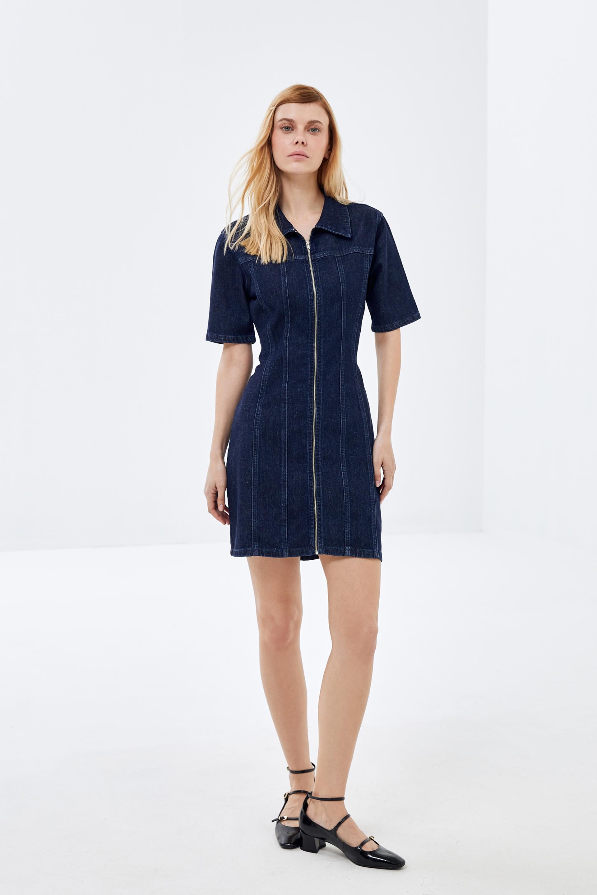 Koyu Mavi Mini Denim Elbise
