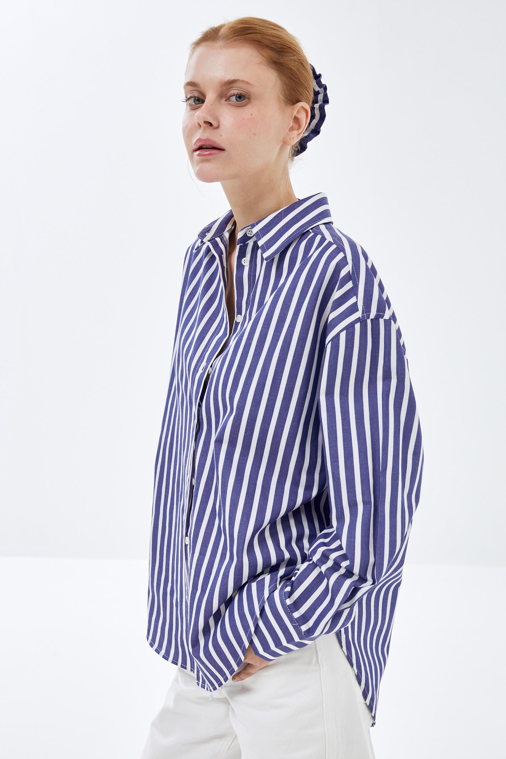 Lacivert-Beyaz cizgili Basic Oversize Gömlek