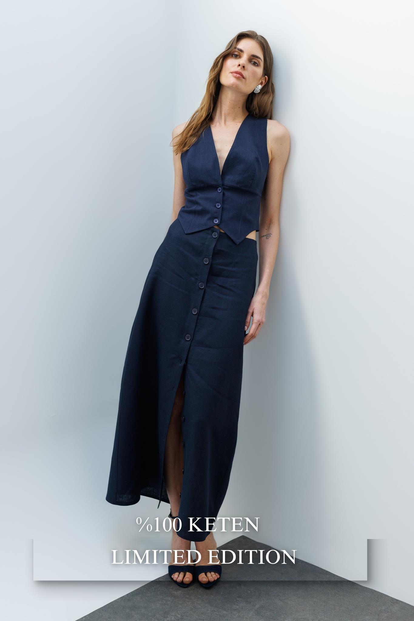 Lacivert Önden Düğmeli Midi Keten Etek