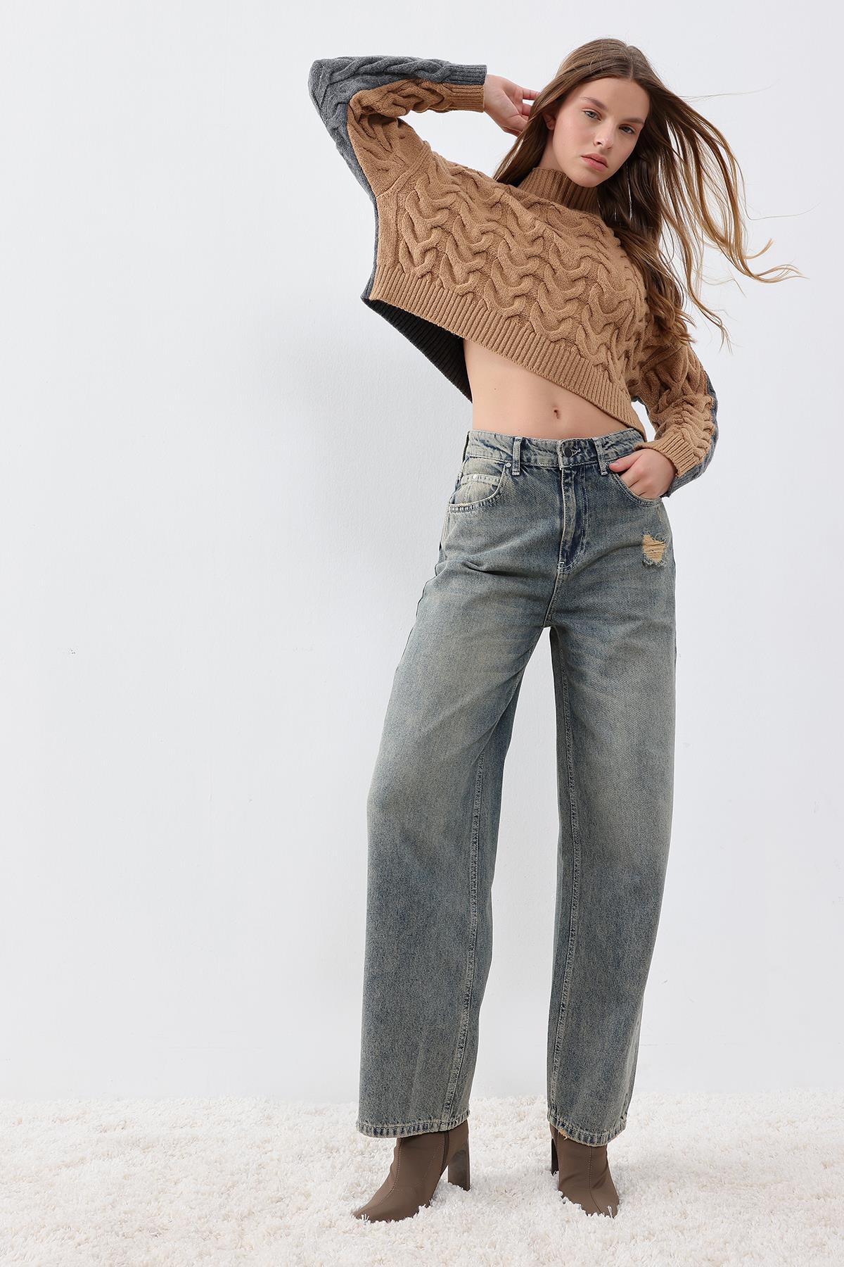 Mavi Düşük Bel Wide Leg Vintage Sustainable Denim Jean Pantolon