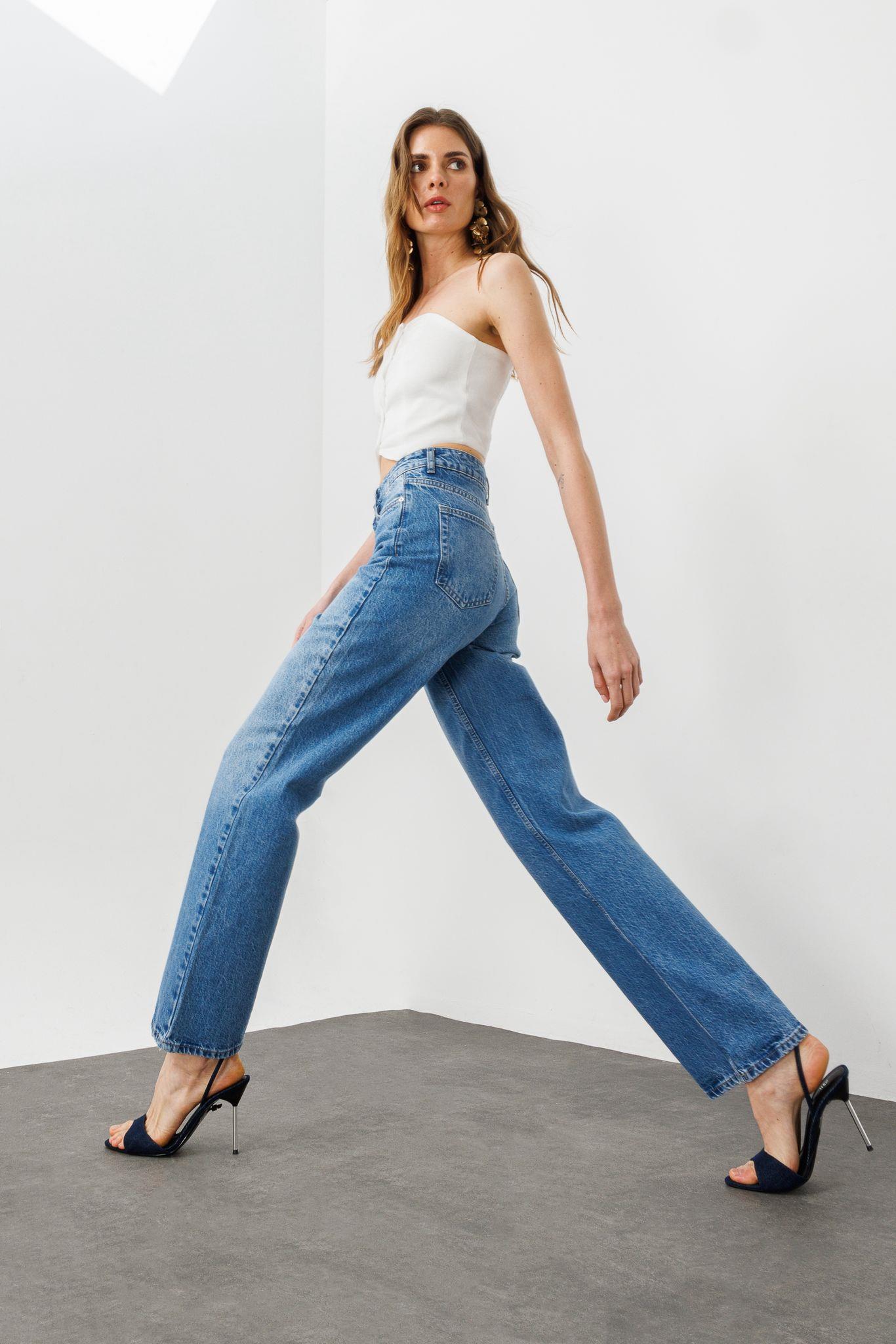 Mavi Yüksek Bel Straight Kalıp Jean