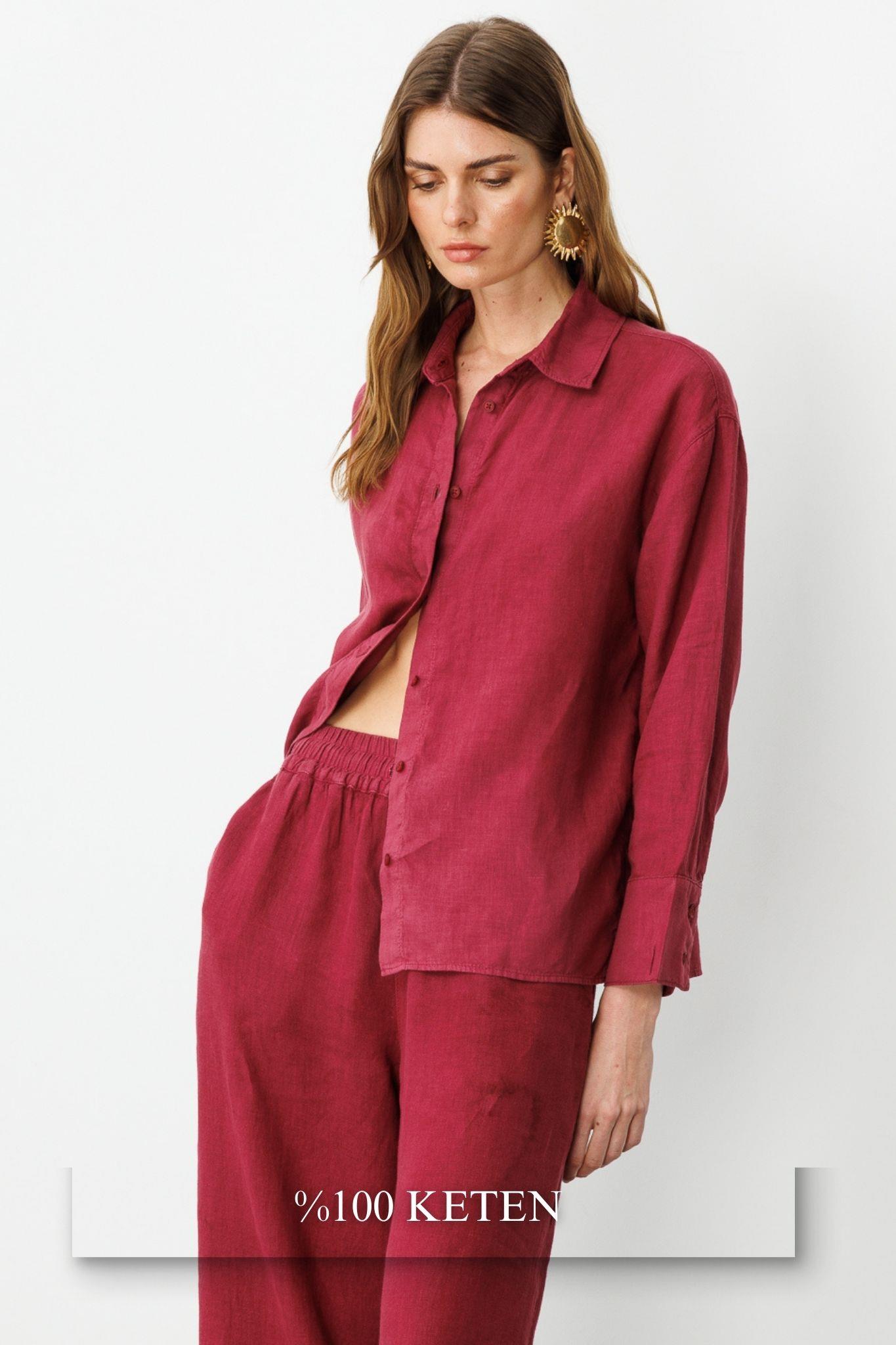 Vişne Önden Düğmeli %100 Keten Gömlek