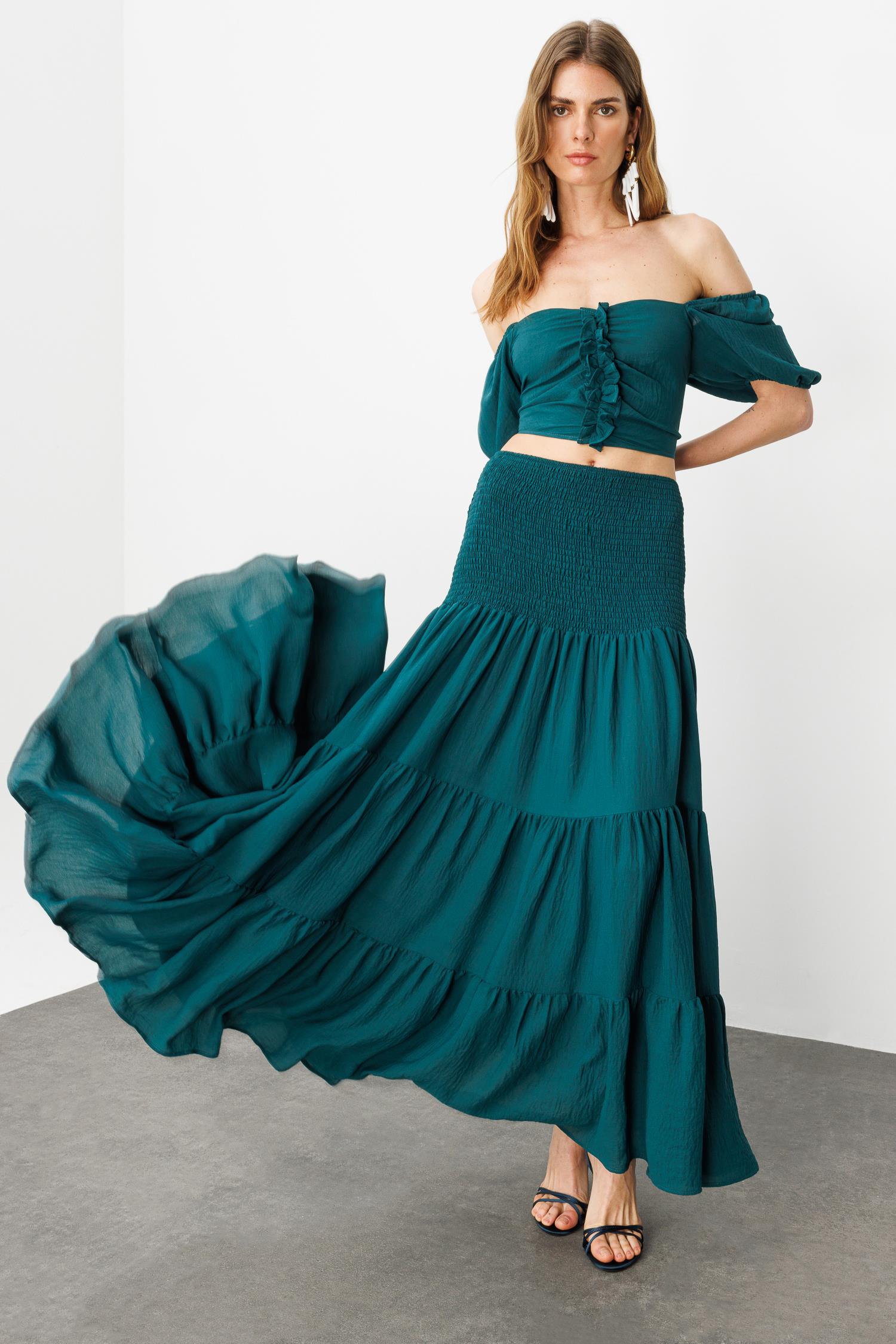 Yeşil Boho Gipe Detaylı Maxi Volümlü Etek