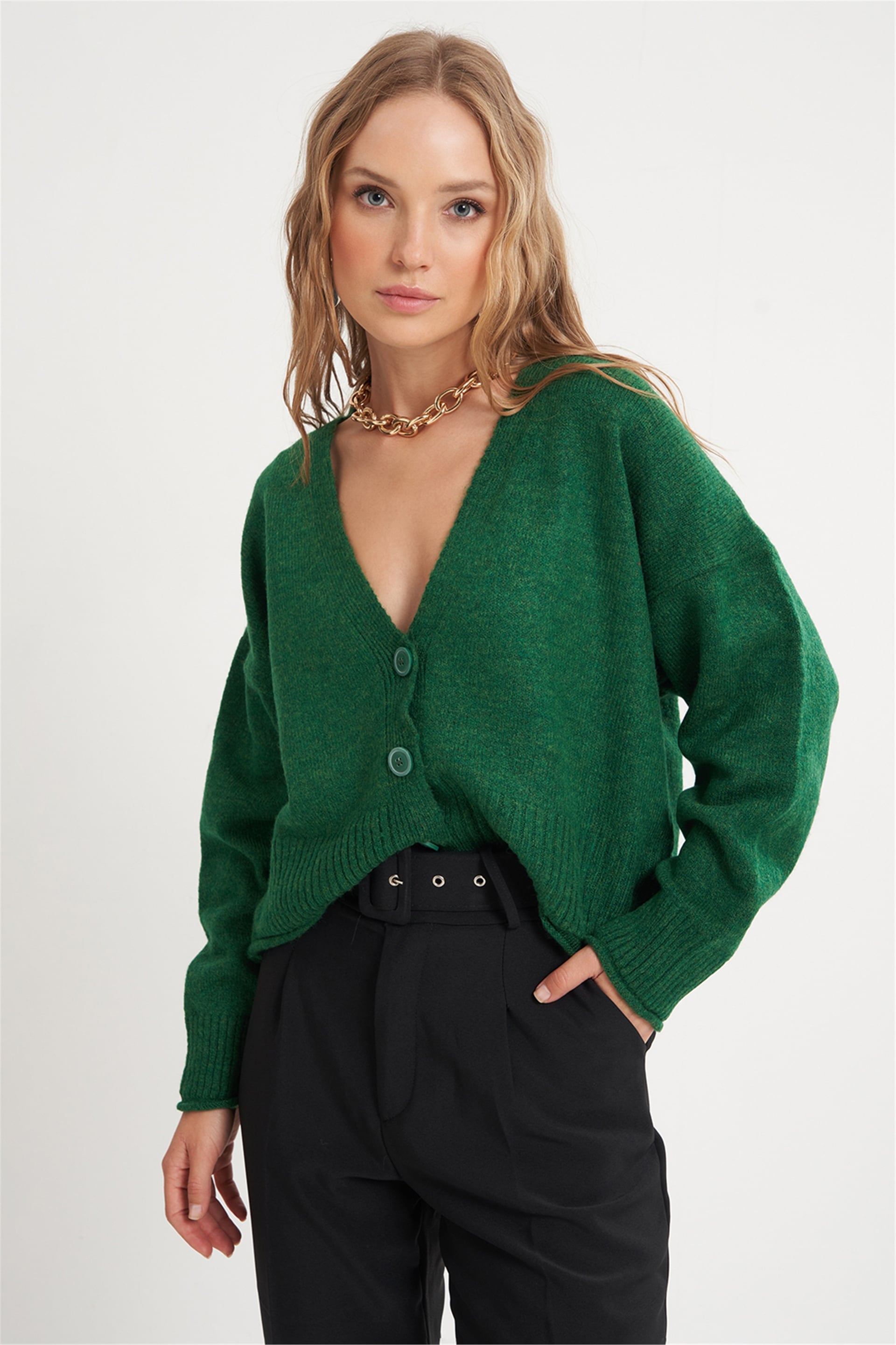 Yeşil V Yaka Crop Basic Hırka