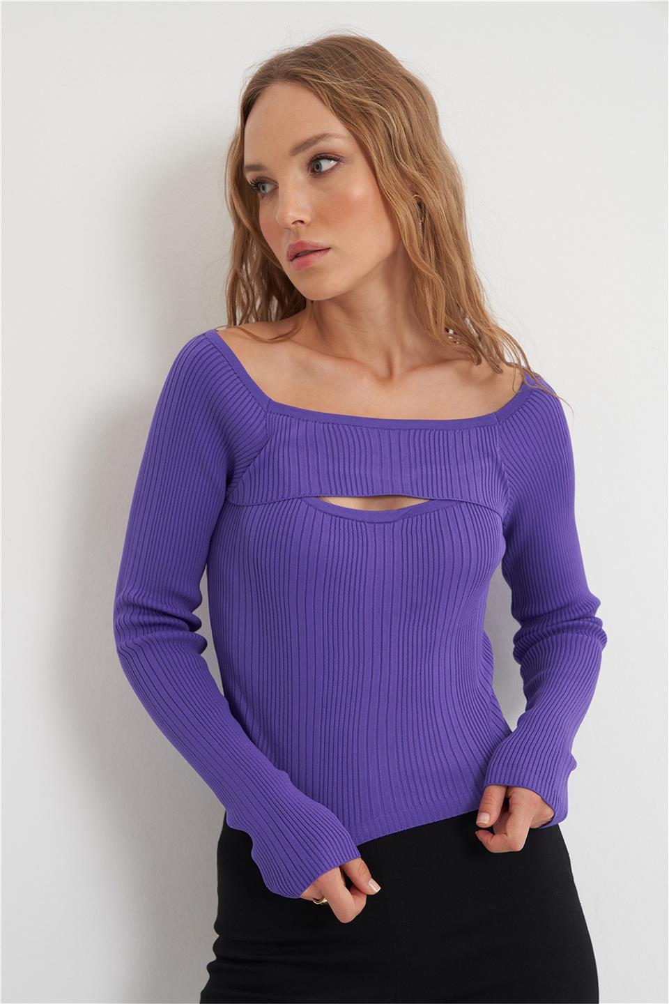 Mor Geniş Yakalı Cut Out Detaylı Triko Bluz