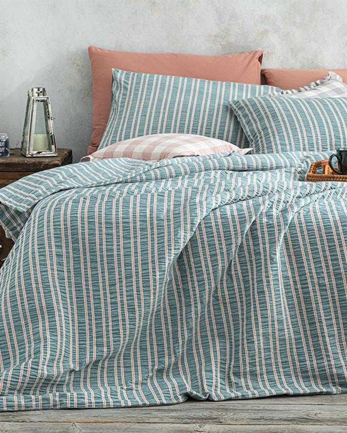  Lenjerie de pat completă, King Size, Crispate, bumbac-poliester, 240x220 cm/ 180X200 cm/ 50X70 cm, bleu-roz coral