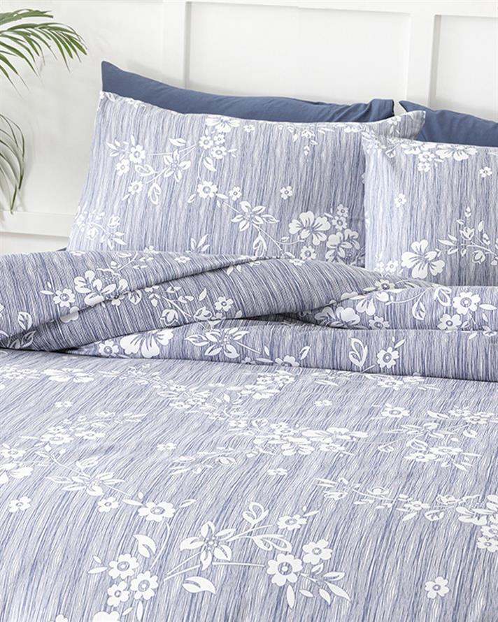  Lenjerie de pat completă, King Size, Pure Flowers, bumbac, 240x220 cm/ 180x200 cm/ 50x70 cm, Albastru închis