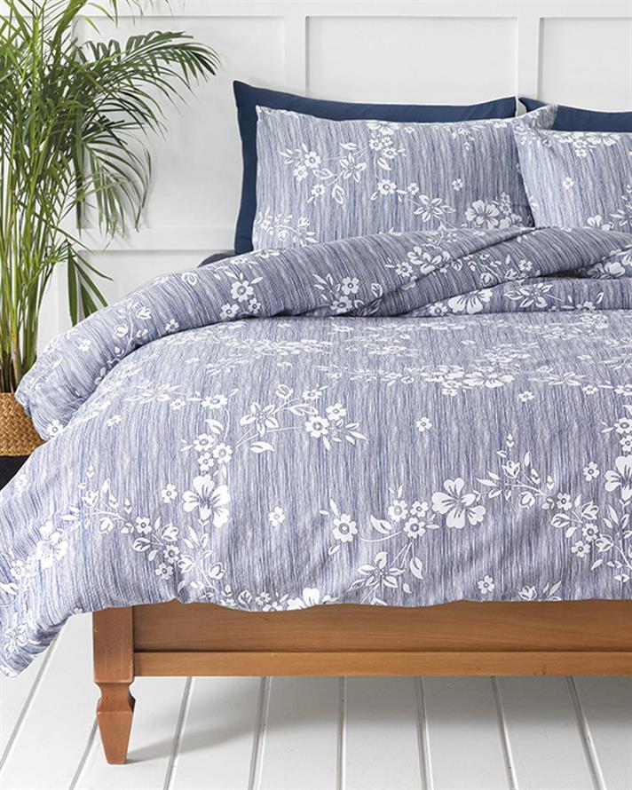  Lenjerie de pat completă, King Size, Pure Flowers, bumbac, 240x220 cm/ 180x200 cm/ 50x70 cm, Albastru închis