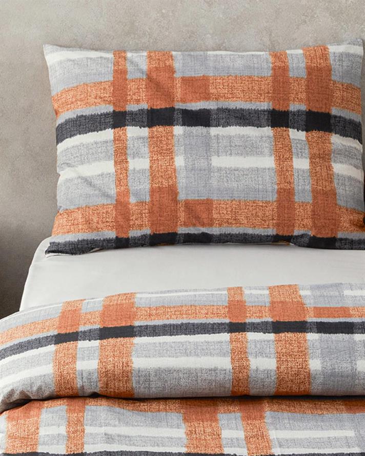  Lenjerie de pat completă, pentru două persoane, Meta Check,Bumbac-poliester, 200x220 cm/ 180x200 cm/ 50x70 cm, Terracot