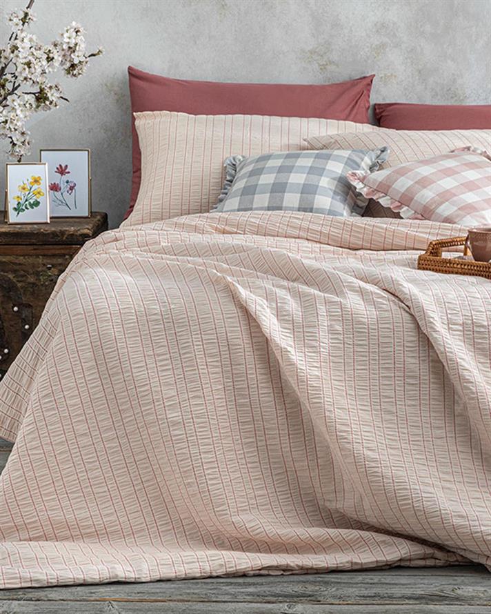  Lenjerie de pat completă, pentru două persoane, Crispate, bumbac-viscoză, 200x220 Cm/ 160x200 cm/ 50x70 cm,  roz pudră