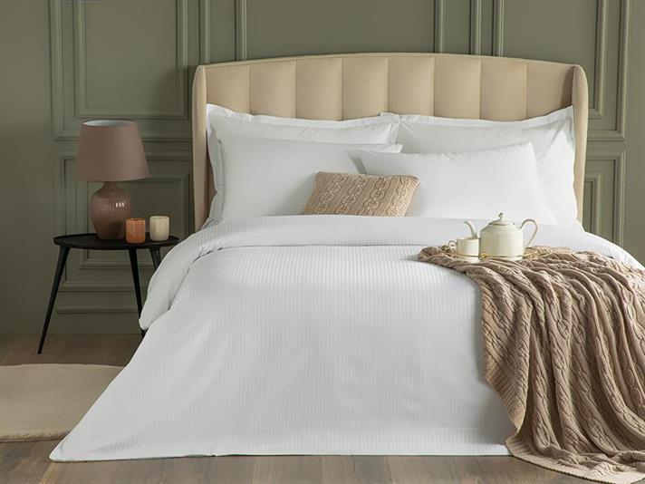  Lenjerie de pat completă, pentru două persoane, Deluxe, bumbac satinat cu dungi jacquard, 200x220 Cm, alb