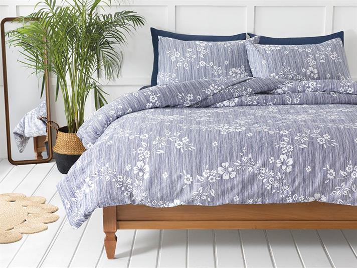  Lenjerie de pat completă, pentru două persoane, Pure Flowers,bumbac, 200x220 cm, Albastru închis