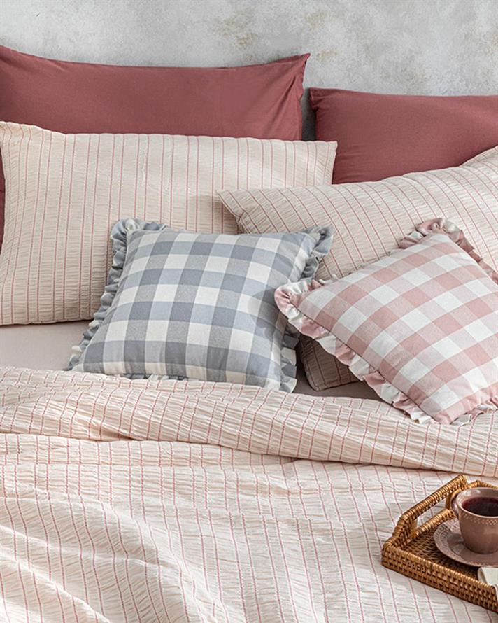  Lenjerie de pat completă, pentru două persoane, Crispate, bumbac-viscoză, 200x220 Cm/ 160x200 cm/ 50x70 cm,  roz pudră