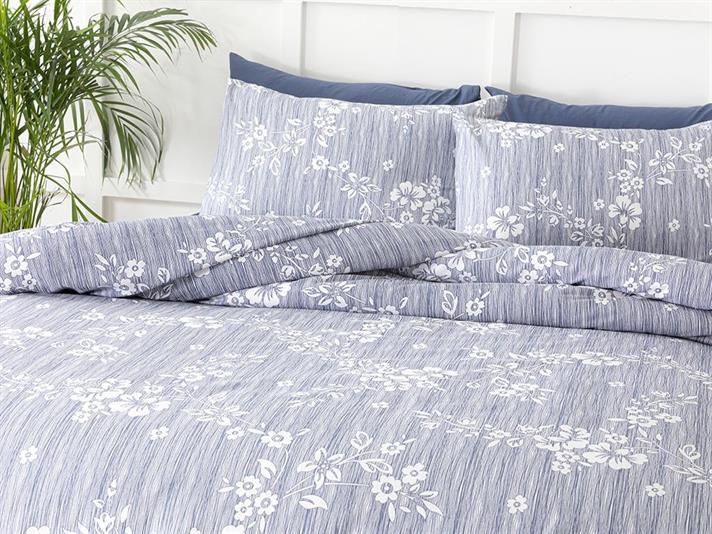  Lenjerie de pat completă, pentru două persoane, Pure Flowers,bumbac, 200x220 cm, Albastru închis