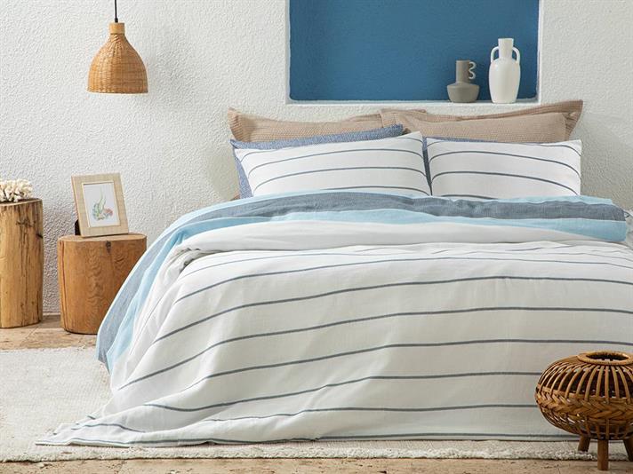  Lenjerie de pat completă pentru o persoană, Aquatic Line, Bumbac-Poliester, 160x220cm/ 100X200 cm/50x70 cm, bleu-albast