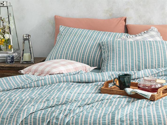  Lenjerie de pat completă pentru o persoană, Crispate, bumbac-viscoză, 160x220 cm/ 100x200 cm/ 50x70 cm, bleu-roz coral