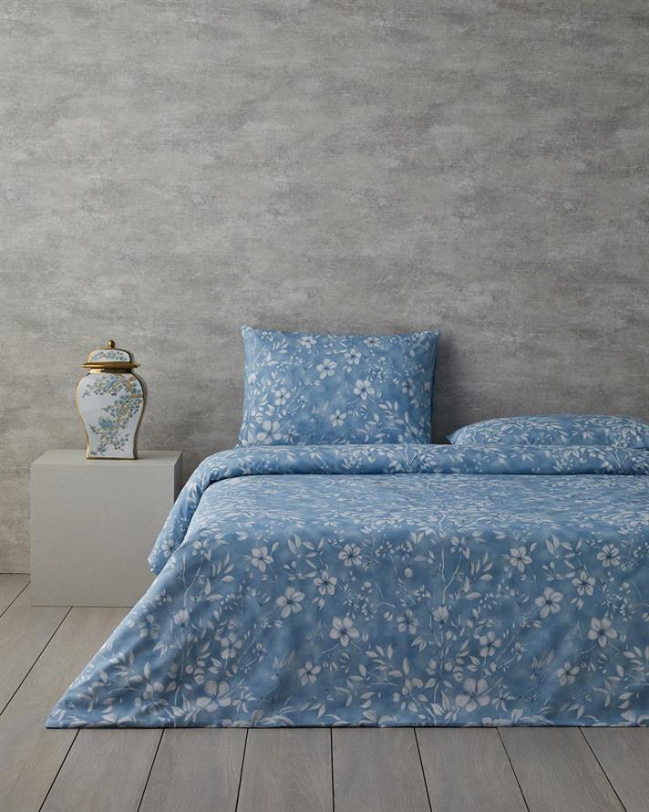  Lenjerie de pat completa pentru doua persoane, Ivy Flowers, bumbac-poliester, 200x220 cm/160x200 cm/50x70 cm , bleu