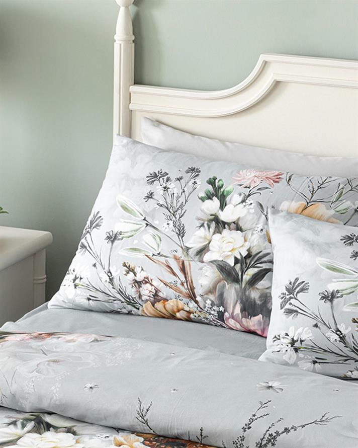  Lenjerie de pat completa pentru doua persoane, Flower Heaven, bumbac-viscoza, 200x220 cm/160x200 cm/50x70 cm , gri