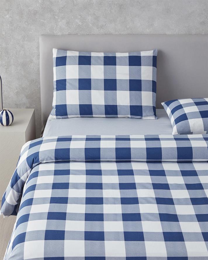  Lenjerie de pat completa pentru doua persoane, Gingham, bumbac-poliester, 200x220 cm/160x200 cm/50x70 cm, albastru