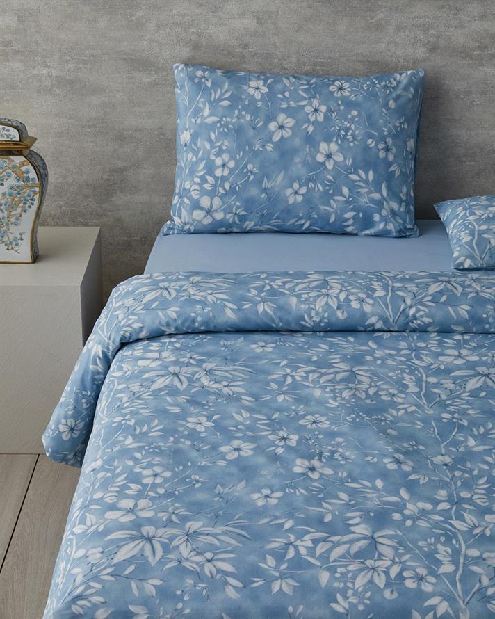  Lenjerie de pat completa pentru doua persoane, Ivy Flowers, bumbac-poliester, 200x220 cm/160x200 cm/50x70 cm , bleu