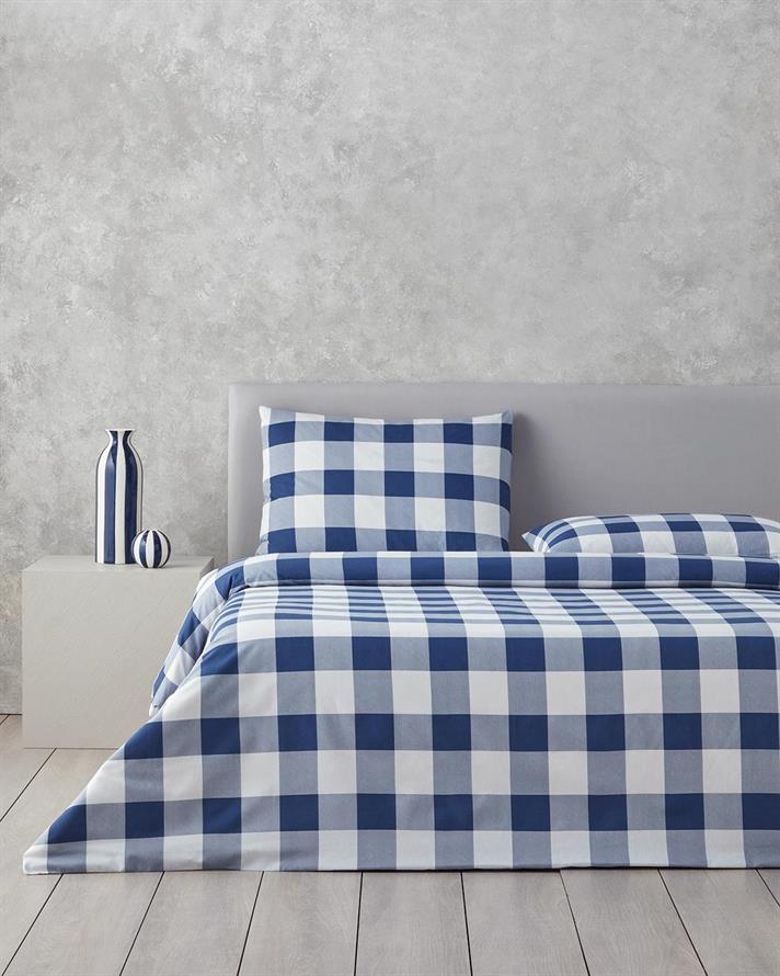  Lenjerie de pat completa pentru doua persoane, Gingham, bumbac-poliester, 200x220 cm/160x200 cm/50x70 cm, albastru