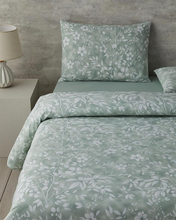  Lenjerie de pat completa pentru doua persoane, Ivy Flowers, bumbac-poliester, 200x220 cm/160x200 cm/50x70 cm , verde