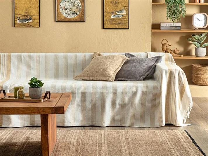 Pătură decorativă pentru fotoliu sau canapea, Adela, bumbac-bumbac reciclat, 170x180 cm, alb - galben