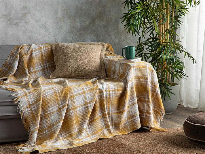 Pătură decorativă pentru fotoliu sau canapea, Agata, bumbac-bumbac reciclat, 170x180 cm, bej-galben