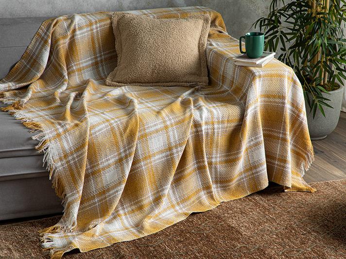 Pătură decorativă pentru fotoliu sau canapea, Agata, bumbac-bumbac reciclat, 170x180 cm, bej-galben