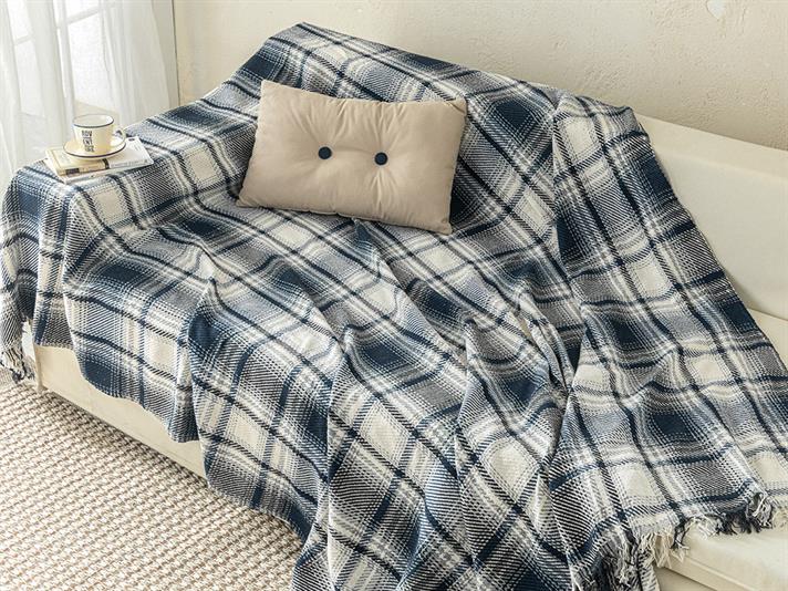 Pătură decorativă pentru fotoliu sau canapea, Agata, bumbac-bumbac reciclat, 170x250 cm, gri - bleumarin