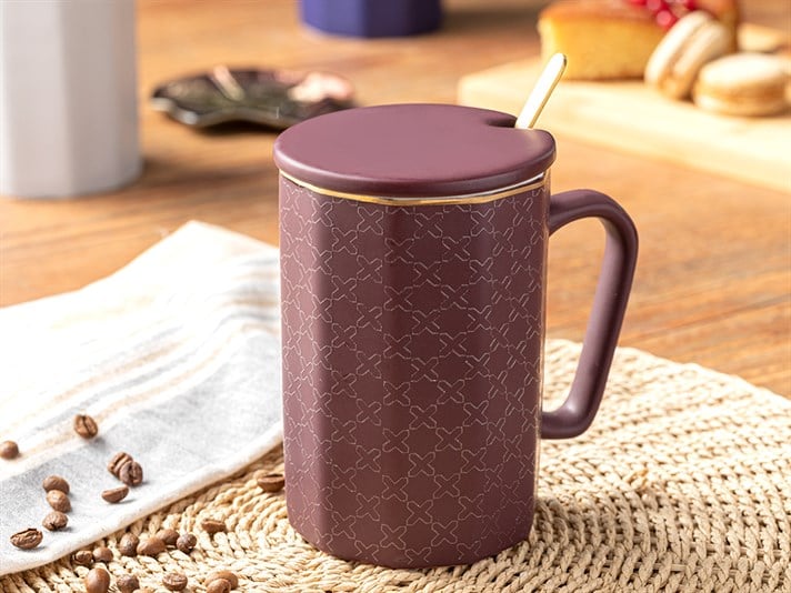 Alto Porțelan New Bone China Cu Capac Cu Lingură Cană 450 ml Bordo