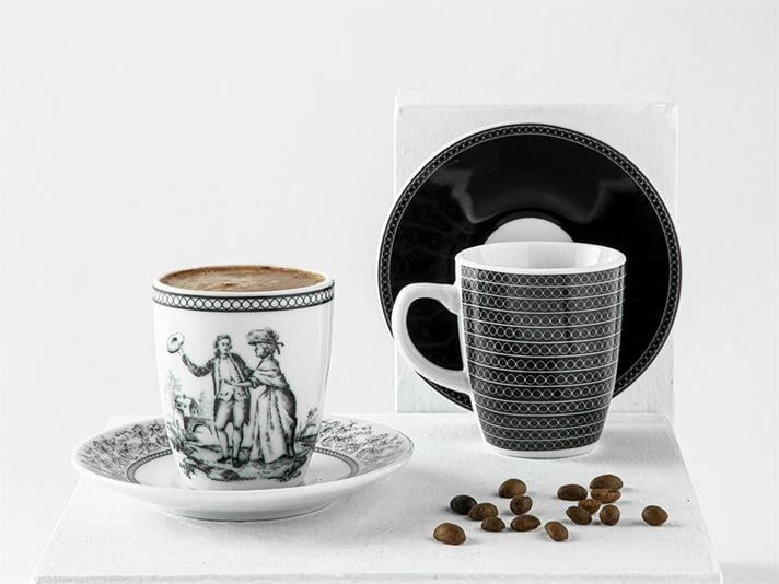Amantes Porțelan 4 Bucati Pentru 2 Persoane Set Cești De Cafea 100 Ml Alb Negru