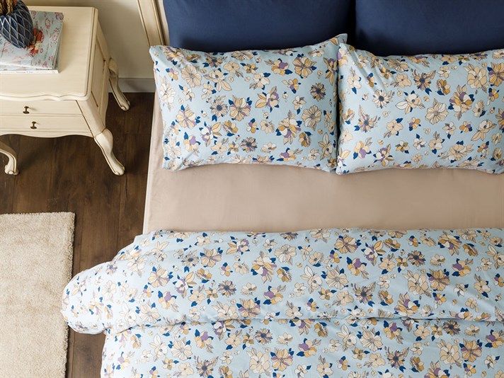 Art Floral Bumbac  King Size  SET LENJERIE DE PAT 240x220 cm Albastru.