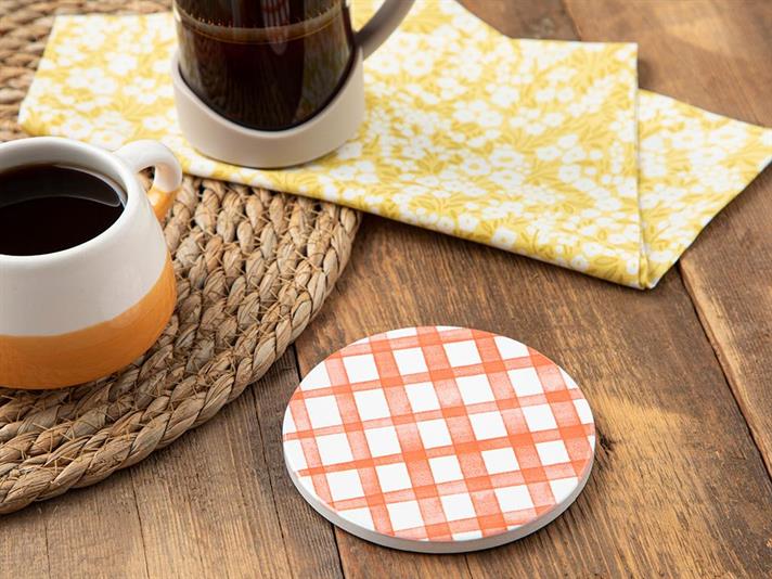 Art Pop Plaid, Suport de pahar, ceramică, 11 cm, alb-portocaliu