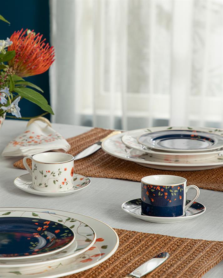 Belleza New Bone China 4 Pieces 2 Servings Tea Cup Set 220 ml Navy Blue - White