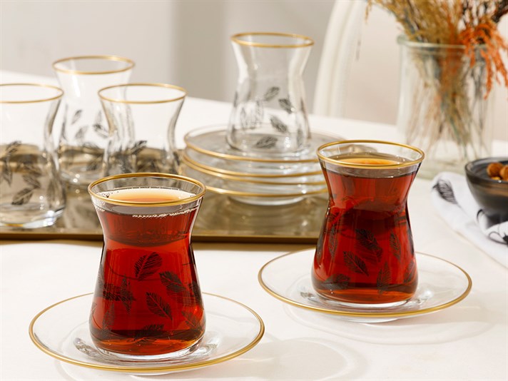 Birdena Glass 12 Pcs Tea Set 130 ml Black-Gold