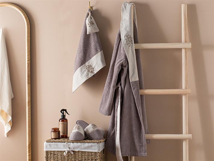 Set halat de baie cu prosop, papuci de casă și saculeț parfumat, Blade, bumbac, L-XL/ 50x70 cm/ 36-40 măsura, lila