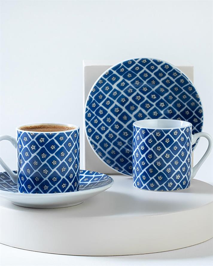 Set 2 cești de cafea cu farfurie, Blue Daisy, porțelan, 80 ml, bleumarin