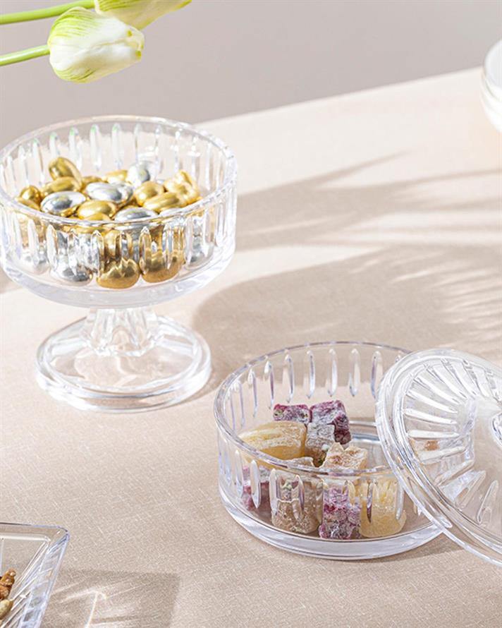 Bol servire gustari etajat cu capac, Tiara, sticla, 14x21 cm, transparent