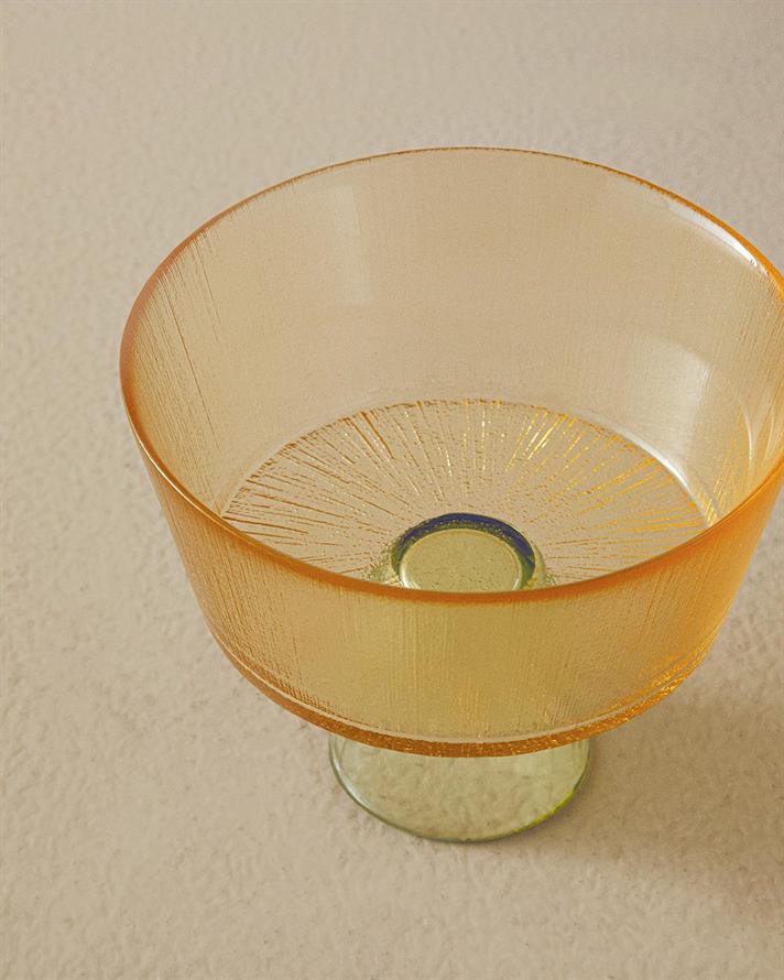 Bol cu picior, Unique Patch, sticlă, 16 cm, portocaliu-verde