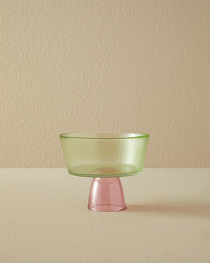 Bol cu picior, Unique Patch, sticlă, 16 cm, verde-roz