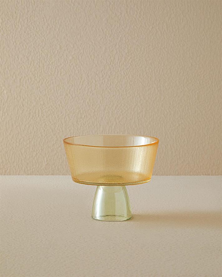 Bol cu picior, Unique Patch, sticlă, 16 cm, portocaliu-verde