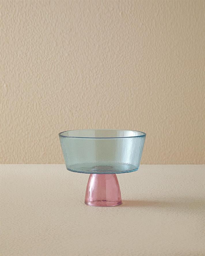 Bol cu picior, Unique Patch, sticlă, 16 cm, bleu - roz