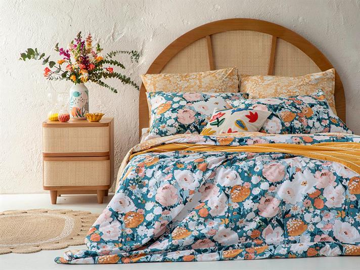 Camellia Set Lenjerie De Pat Single, Bumbac, 160*220 Cm, Albastru Petrol