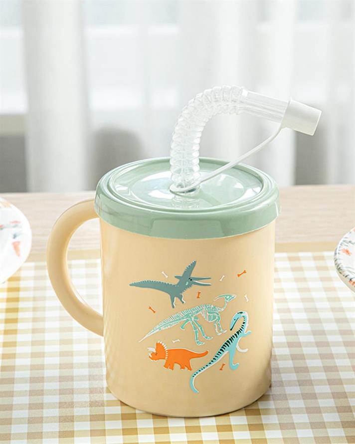 Cană cu pai pentru copii, Dinosaurs World, 210 ml, plastic, bej