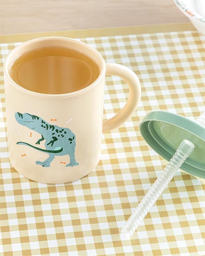 Cană cu pai pentru copii, Dinosaurs World, 210 ml, plastic, bej