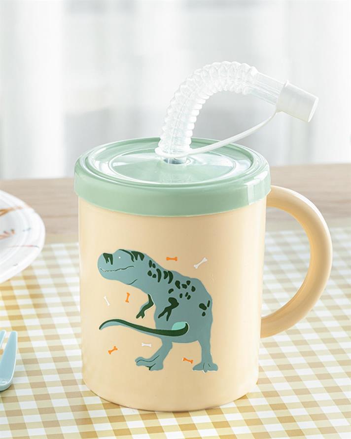 Cană cu pai pentru copii, Dinosaurs World, 210 ml, plastic, bej
