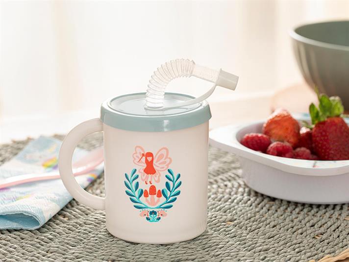 Cană cu pai pentru copii, Fairy, 210 ml, plastic, bleu