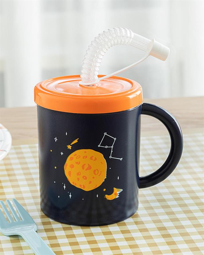 Cană cu pai pentru copii, Galaxy, 210 ml, plastic, bleumarin