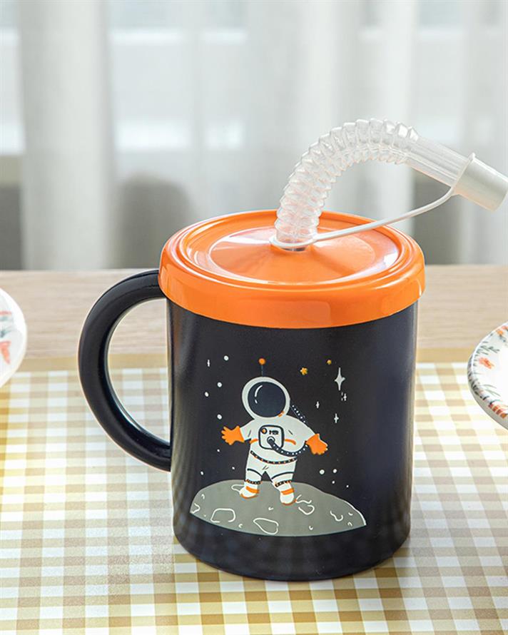 Cană cu pai pentru copii, Galaxy, 210 ml, plastic, bleumarin